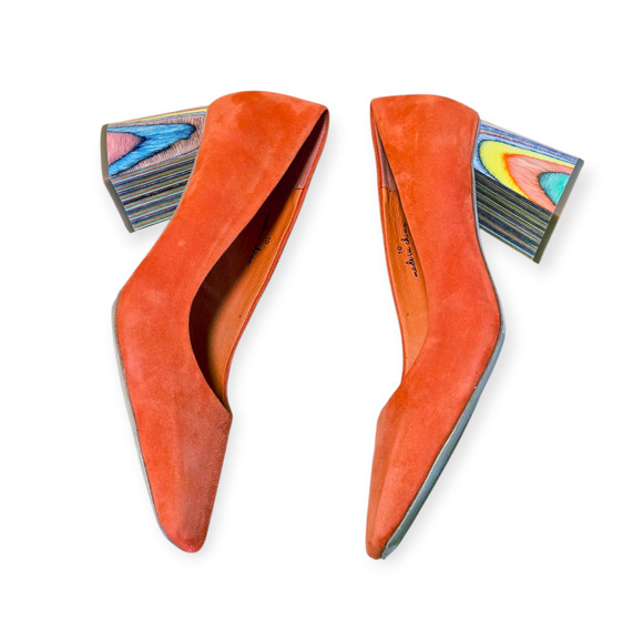 Charlotte Stone Orange Pink Chunky Rainbow Suede Heels Size 10 - Picture 4 of 8
